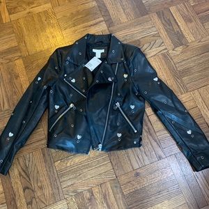 NWT black pleather moto jacket eagle sequin patch